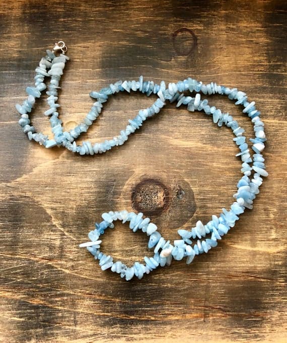 925 sterling Silver Bridesmaid Jewelry 4x9mm stacking Blue Aquamarine Necklace Chips, Smooth 35" for mens, womens, gf, bf & Adult.