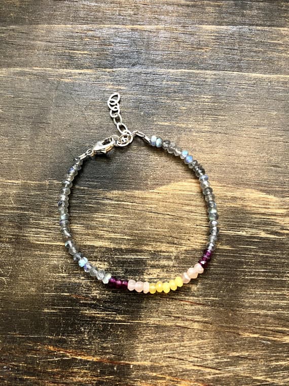 925 sterling Silver Blush Jewelry 3-4mm stacking Multi Labradorite, Garnet, Peach Moonstone & Yellow Jade Bracelet Rondelle, Faceted 7" for mens, womens, gf, bf & Adult.