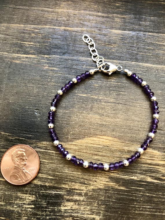 925 sterling Silver Jewelry Energy Silver Helling 3-4mm stacking Purple Amethyst Bracelet Rondelle, Faceted 7" for mens, womens, gf, bf & Adult.