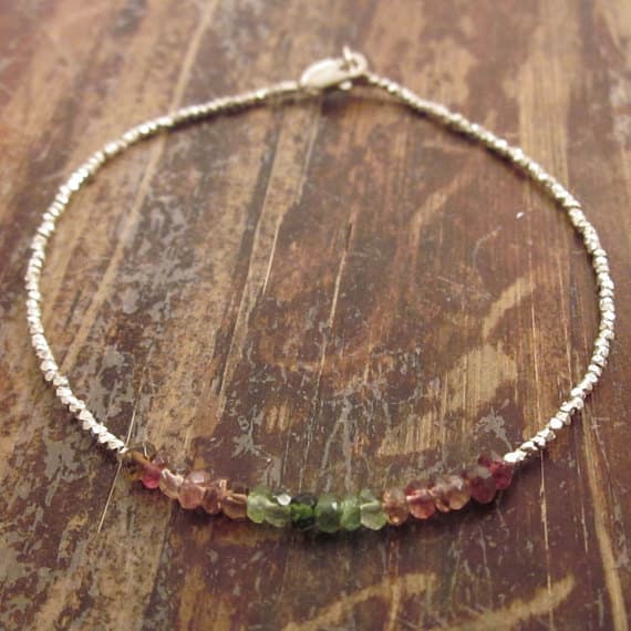 925 sterling silver Anxiety Gemstone 2.5mm Multi Colour Watermelon Tourmaline stacking Bracelet Rondelle, Faceted 18cm for mens, womens, gf, bf and adults.
