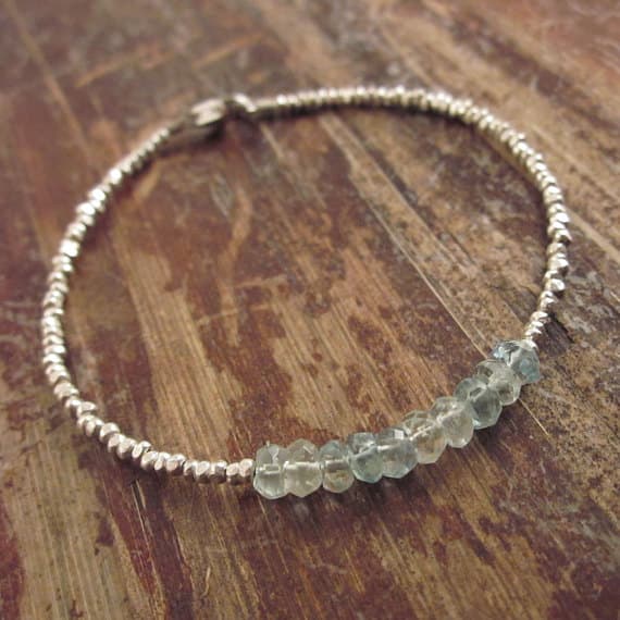 925 sterling silver memorial gift 3.5mm Blue Aquamarine stacking Bracelet Rondelle, Faceted 18cm for mens, womens, gf, bf and adults.