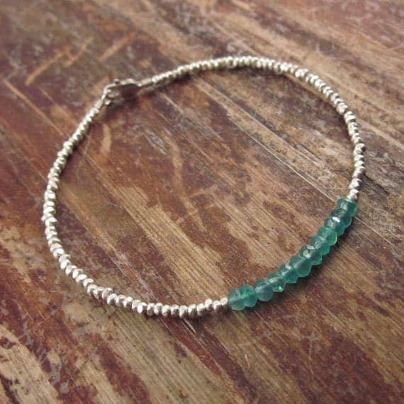 925 sterling silver Dainty Slave Loose 3.5mm Green Green Onyx  stacking Bracelet Rondelle, faceted 18cm for mens, womens, gf, bf and adults.