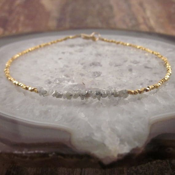 24k gold Handmade Beaded 2mm White Raw Diamond stacking Bracelet Fancy, Faceted 18cm for mens, womens, gf, bf and adults.