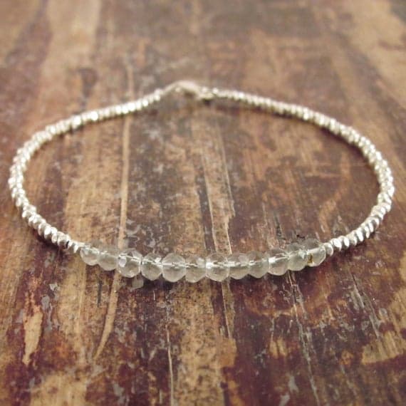 925 sterling silver chakras simple 3.5mm Green Green Amethyst stacking Bracelet Rondelle, faceted 18cm for mens, womens, gf, bf and adults.