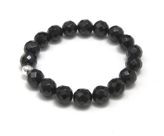 Silver helling 10mm stretchable Balck Black onyx Bracelet Round, Faceted 7.5" for mens, womens, GF, BF, Adults.