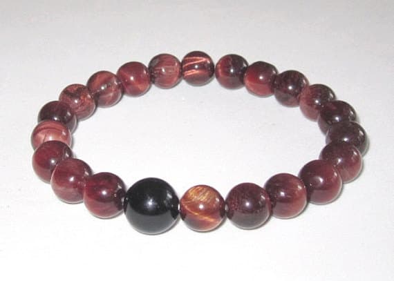 GRounding 10mm stretchable Red & Black Black tourmaline & Copper Tiger Eye Bracelet Round, Smooth 7.5" for mens, womens, GF, BF, Adults.
