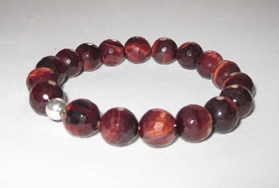 Positive Energy Silver helling 10mm stretchable Red Tiger Eye Bracelet Round, Smooth 7.5" for mens, womens, GF, BF, Adults.