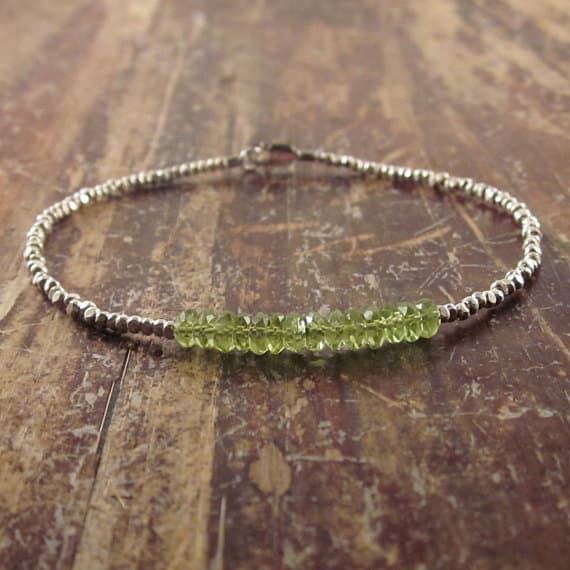 925 sterling silver Personalized Gift 4mm Green Peridot stacking Bracelet Rondelle, Faceted 18cm for mens, womens, gf, bf and adults.