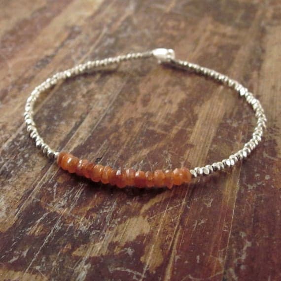 925 sterling silver Artisan Loose 4mm Orange Sunstone stacking Bracelet Rondelle, faceted 18cm for mens, womens, gf, bf and adults.