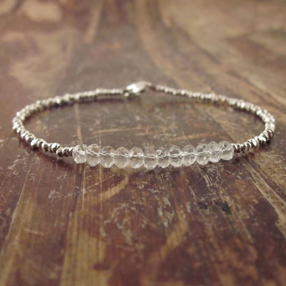 925 sterling silver Grounding 3.5mm White Clear Quartz stacking Bracelet Rondelle, Faceted 18cm for mens, womens, gf, bf and adults.