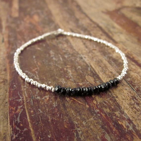 925 sterling silver Dainty Slave Loose 3.5mm black Black Spinel stacking Bracelet Rondelle, Faceted 18cm for mens, womens, gf, bf and adults.