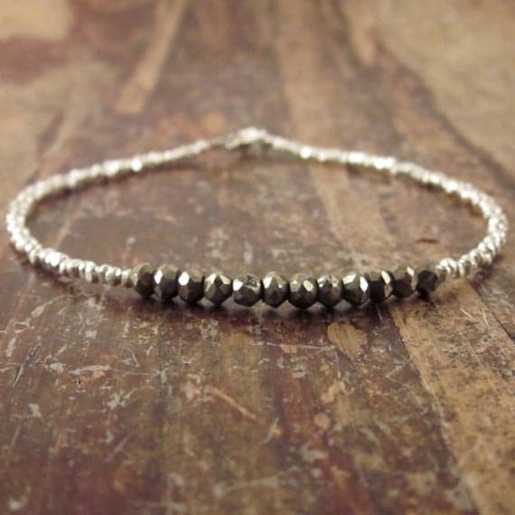 925 sterling silver Anxiety Relief Calming 3.5mm black Pyrite stacking Bracelet Round, faceted 18cm for mens, womens, gf, bf and adults.