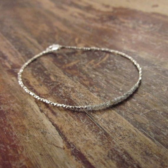 925 sterling silver good luck gift 2mm White Raw Diamond  stacking Bracelet Fancy, Faceted 18cm for mens, womens, gf, bf and adults.