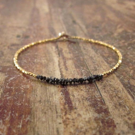 24k gold Anniversary Gift 2mm black Black Diamond stacking Bracelet Fancy, Faceted 18cm for mens, womens, gf, bf and adults.