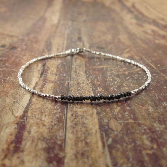 925 sterling silver Grounding 2mm black Black Diamond stacking Bracelet Fancy, Faceted 18cm for mens, womens, gf, bf and adults.