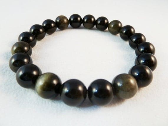 Handmade Beaded 10mm Stretchable Black Gold en Obsidian  Bracelet Round, Smooth 7.5" for mens, womens, gf, bf & Adult.