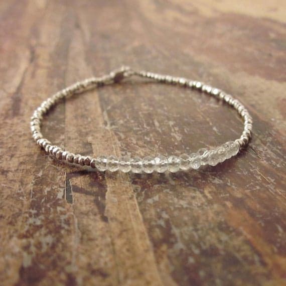 925 sterling silver Empath Protection 2.5mm White Clear Blue Aquamarine stacking Bracelet Round, faceted 18cm for mens, womens, gf, bf and adults.