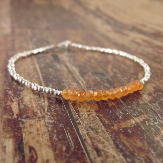 925 sterling silver Natural 3mm Orange Carnelian stacking Bracelet Round, faceted 18cm for mens, womens, gf, bf and adults.