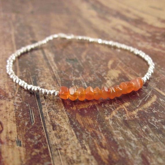 925 sterling silver Positive Energy 4mm Orange Carnelian stacking Bracelet Fancy, faceted 18cm for mens, womens, gf, bf and adults.