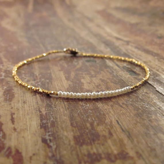 24k gold Jewelry Energy 2MM White Pearl stacking Bracelet Round, Smooth 18cm for mens, womens, gf, bf and adults.