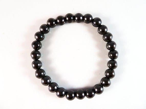 Handmade Beaded 7-8mm Stretchable Black Magnetic Hematite Bracelet Round, Smooth 7" for mens, womens, gf, bf & Adult.