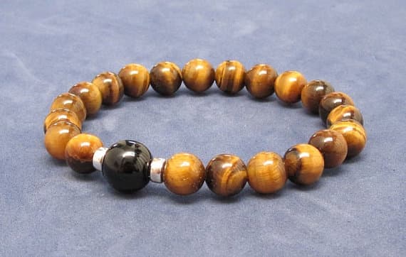 Empath Protection silver Helling 10mm stretchable Black & Yellow Yellow Tiger Eye & Black Tourmaline Bracelet Round, Smooth 7.5" for mens, womens, GF, BF, Adults.