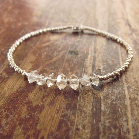 925 sterling silver Personalized Gift 5-7mm White Herkimer Diamond stacking Bracelet Fancy, faceted 18cm for mens, womens, gf, bf and adults.