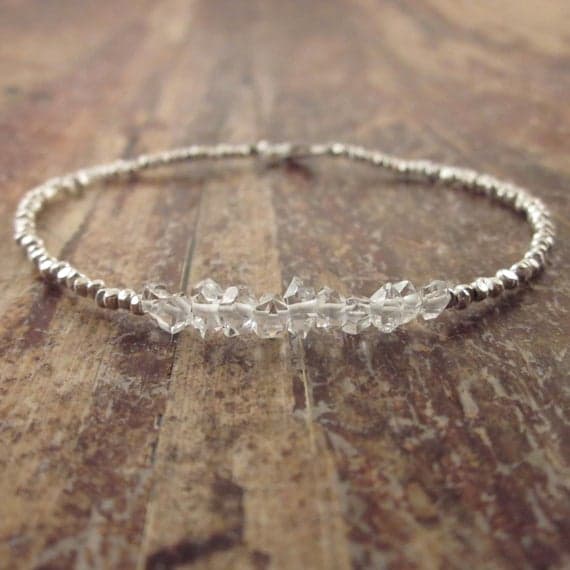 925 sterling silver Positive Energy 3.5-4mm White Herkimer Diamond  stacking Bracelet Rondelle, Faceted 18cm for mens, womens, gf, bf and adults.