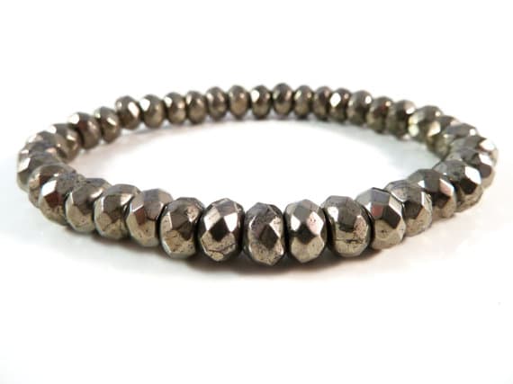 love beach youth 8x5mm Stretchable Silver Pyrite Bracelet Rondelle, Faceted 7" for mens, womens, gf, bf & Adult.