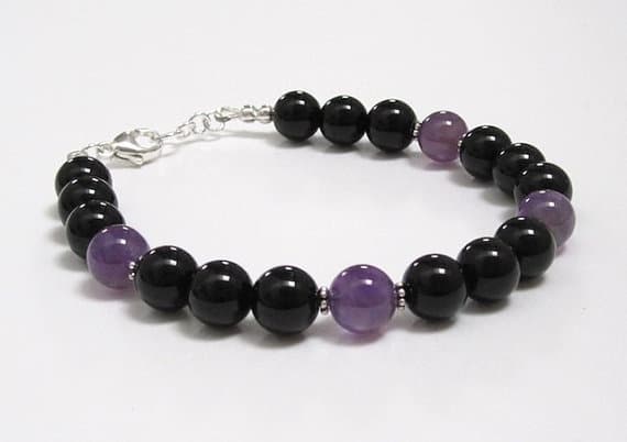 925 steling silver Anxiety Relief Calming, silver helling 8mm Stracking Purple & Black Amethyst & Black Onyx Bracelet Round, Smooth 7" for mens, womens, GF, BF, Adults.