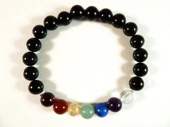Anniversary Gift 8mm Stretchable Multi Multi Gemstone & Black Tourmaline Bracelet Round, Smooth 7" for mens, womens, gf, bf & Adult.