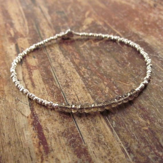 925 sterling silver Anxiety Gemstone 3.5mm Brown Smoky Quartz stacking Bracelet Rondelle, Faceted 18cm for mens, womens, gf, bf and adults.