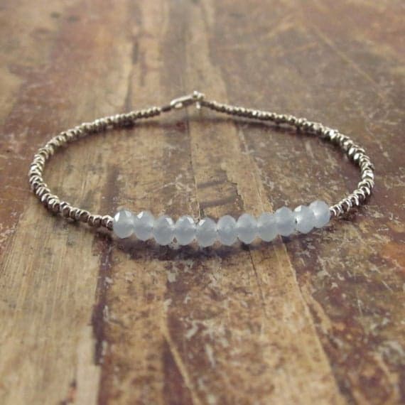 925 sterling silver Galaxy Jewelry 4mm Blue Chalcedony stacking Bracelet Rondelle, faceted 18cm for mens, womens, gf, bf and adults.