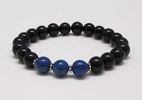Handmade Beaded silver helling 8mm stretchable Balck & Blue Black Onyx & Lapis Lazuli Bracelet Round, Smooth 18 cm for mens, womens, GF, BF, Adults.