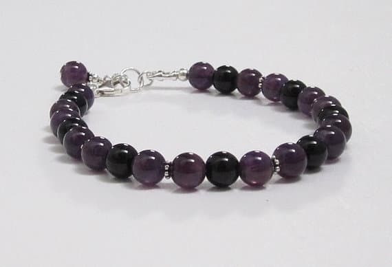 925 steling silver Blush Jewelry,silver helling 6mm Stracking Purple & Black Amethyst & Black Onyx Bracelet Round, Smooth 7" for mens, womens, GF, BF, Adults.
