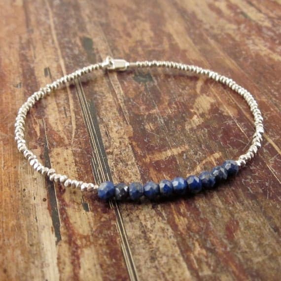 925 sterling silver Artisan Loose 3.5mm Blue Lapis Lazuli stacking Bracelet Rondelle, Faceted 18cm for mens, womens, gf, bf and adults.