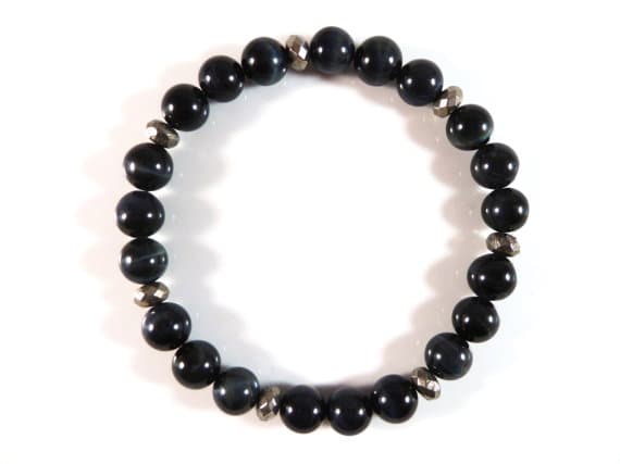 memorial gift 8mm Stretchable Blue Blue Tigers Eye & Pyrite Bracelet Round, Smooth 7" for mens, womens, gf, bf & Adult.