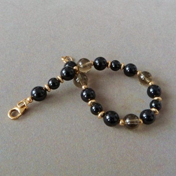 Black Onyx Bracelet with Smoky Quartz Gemstone and Gold, Handmade 6mm and 8mm Code- WAR6848