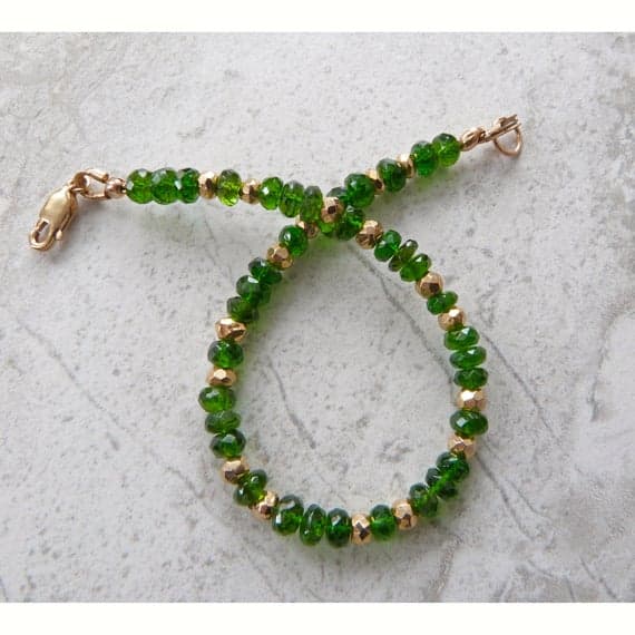 Chrome Diopside Gemstone Bracelet w 14K Gold Fill, Genuine Faceted Gemstone Bracelet, Emerald Green "Affordable Emeralds" Handmade Bracelet 4.5-5mm Code- WAR6836