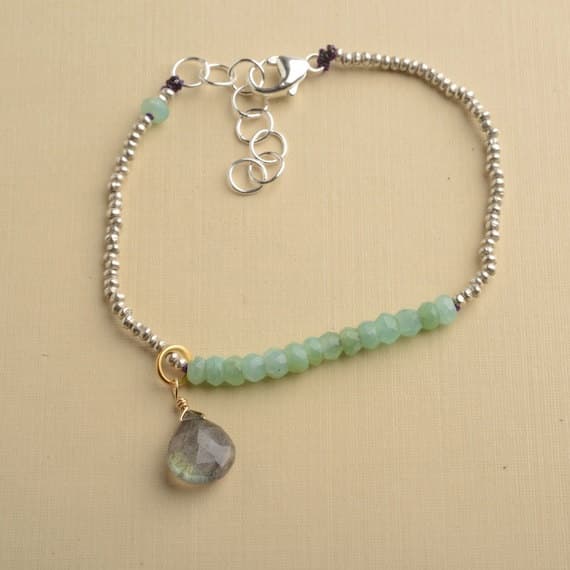 925 steling silver Empath Protection helling 3-4 mm Stracking green & grey Labradorite & Chrysoprase Bracelet Rondelle, Faceted 7" for mens, womens, GF, BF, Adults.