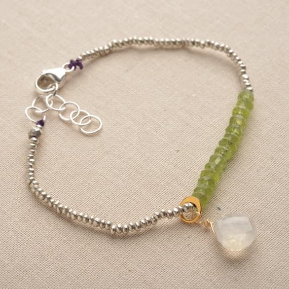 925 steling silver Blush Jewelry 3-4 mmm Stracking green & white Peridot & Moonstone Bracelet Rondelle, Faceted 7" for mens, womens, GF, BF, Adults.