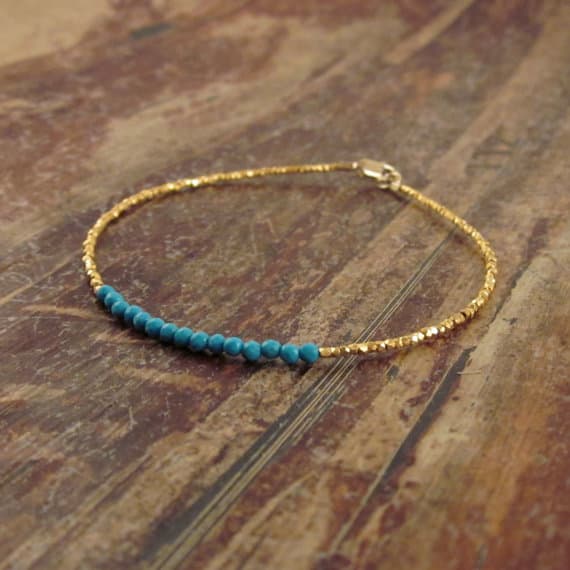 24k gold memorial gift 2.5mm blue Turquoise stacking Bracelet Round, faceted 18cm for mens, womens, gf, bf and adults.