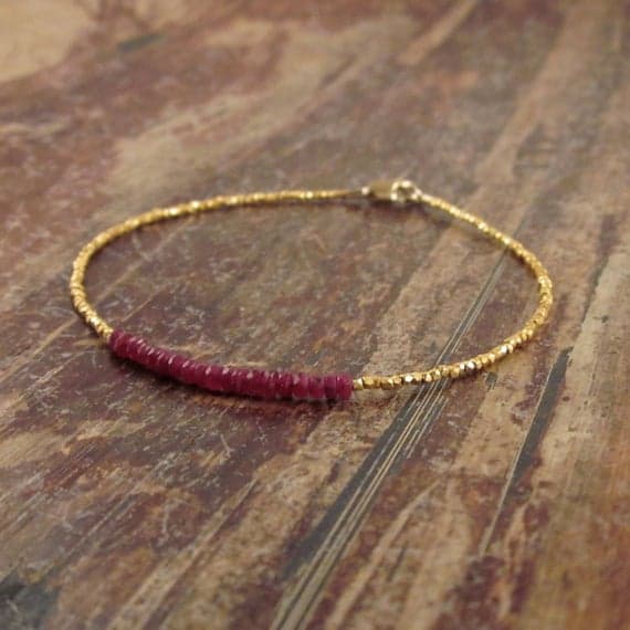 24k gold Dainty Slave Loose 3mm Red Ruby stacking Bracelet Rondelle, Faceted 18cm for mens, womens, gf, bf and adults.