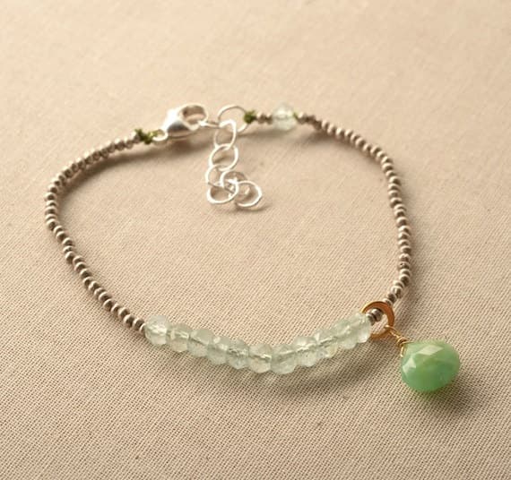 925 steling silver love beach youth 3-4 mm Stracking green Chrysoprase Bracelet Rondelle, Faceted 7" for mens, womens, GF, BF, Adults.