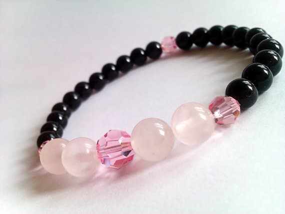 Unique Wedding Gift 8mm Multi Colour Rose Quartz & Black Onyx Stretchable Bracelet Round, Smooth 18cm for mens, womens, gf, bf and adults.