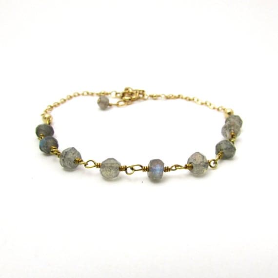 24k gold Plated Blush Jewelry 4.5 mm Adjustable Stracking grey Labradorite Bracelet Rondelle, Faceted 7" for mens, womens, GF, BF, Adults.