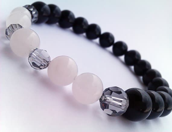 love beach youth 8mm Multi Colour Rose Quartz & Black Agate  Stretchable Bracelet Round, Smooth 18cm for mens, womens, gf, bf and adults.