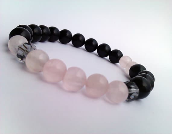 Bridesmaid Jewelry 8mm Multi Colour Rose Quartz & Black Agate Stretchable Bracelet Round, Smooth 18cm for mens, womens, gf, bf and adults.