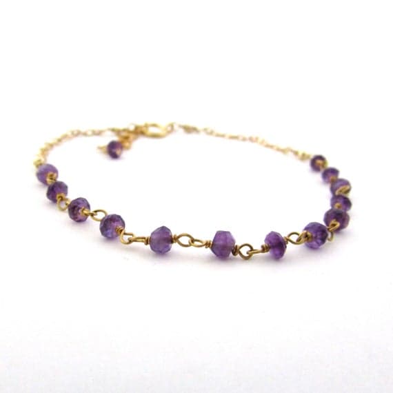 24k gold Plated Artisan Loose 3 mm Adjustable Stracking Purple Purple amethyst Bracelet Rondelle, Faceted 7" for mens, womens, GF, BF, Adults.