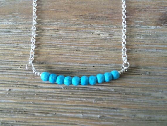 AAA++ Rare Quality Natural Arizona Turquoise and Karen Hill Tribe Silver PlatedBar Necklace, Beaded Gemstone December Birthstone Necklace 4 mm Code- TJH45